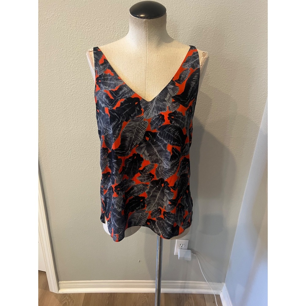 Topshop Womens Tank Top 8 Gray Orange Palm Leaf Printed V Neck Strappy Tropical